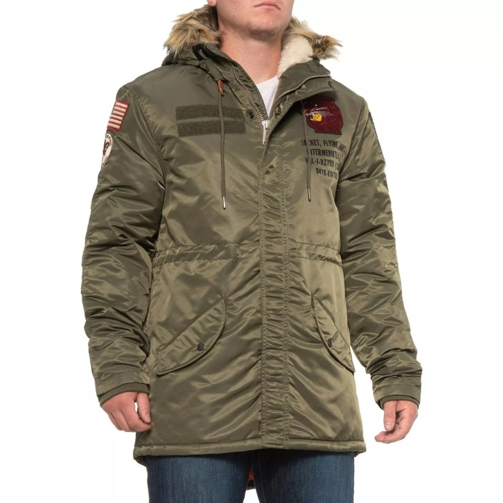 Schott NYC Military Bomber Parka Jacket – Faux Fur Hood – USAF Style – Size S
